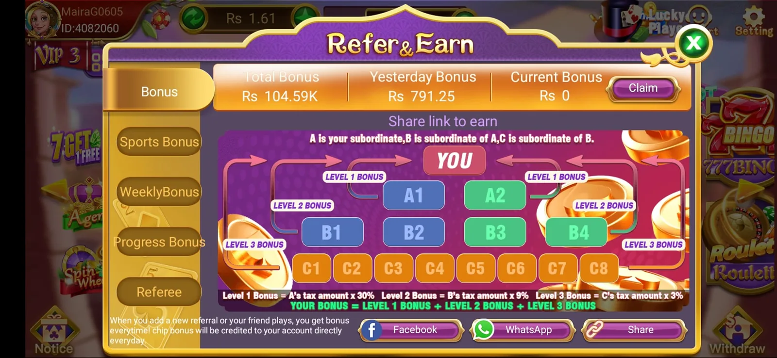 3 Patti Lucky Refer and Earn Bonus Levels