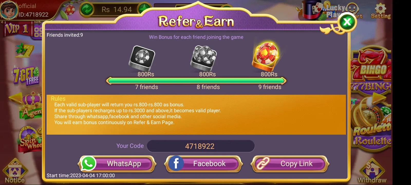 3 Patti Lucky Refer and Earn Invite Rewards